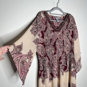 Catherines Burgundy and Cream Paisley Beaded V-Neck Tunic